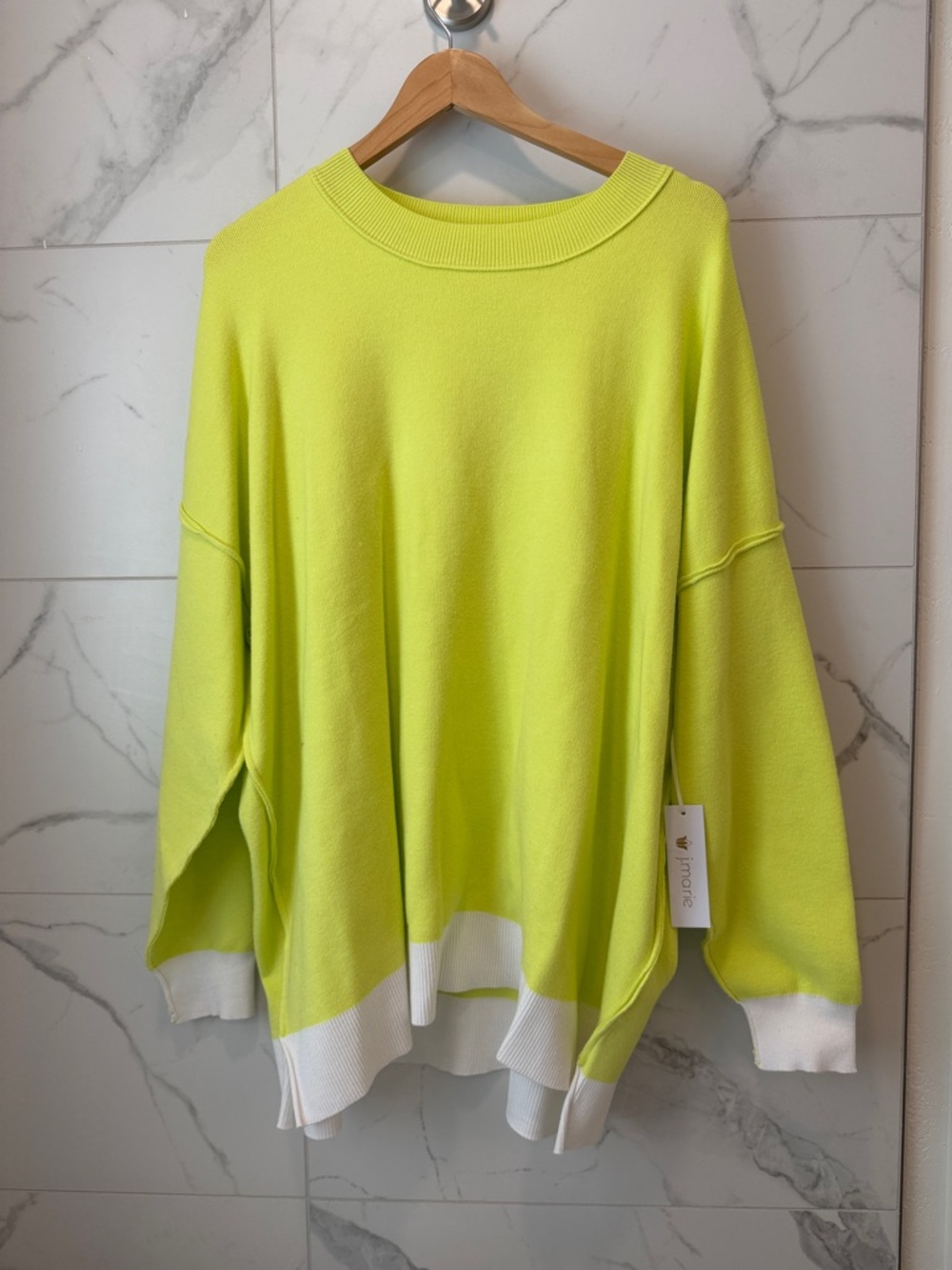 J. Marie Neon Yellow Oversized Crewneck Sweater with White Trim